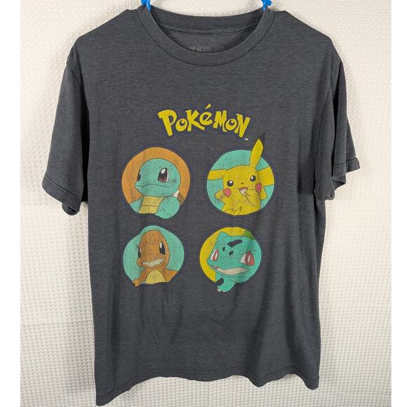 Pokemon 2019 M Graphic T Shirt Pikachu Charmander Squirtle Bulbasaur Gray Mens - Picture 1 of 4